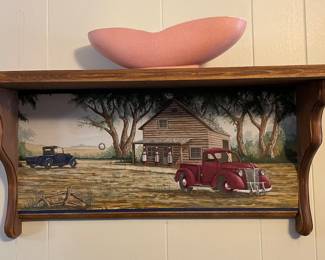 Shawnee Pottery, Shelf with Painted Red Truck and Home in Background