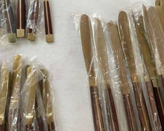 12 Piece Place Setting Teak Wood & Bronze Flatware Set (Approximately 147 Pieces) Included with Korean Wood Brass Bound Bandaji Scholars Style Chest Chinoiserie