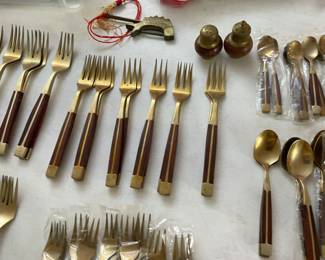 12 Piece Place Setting Teak Wood & Bronze Flatware Set (Approximately 147 Pieces) Included with Korean Wood Brass Bound Bandaji Scholars Style Chest Chinoiserie