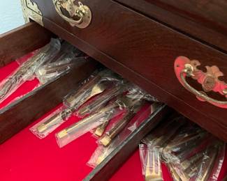 Korean Wood Brass Bound Bandaji Scholars Style Chest Chinoiserie Included in this Purchase is a 12 Place Setting Teak Wood & Bronze Flatware Set (Approximately 147 Pieces)