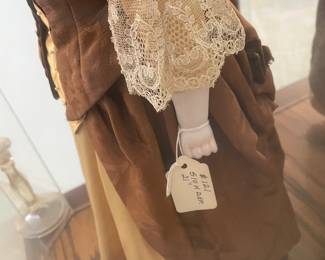 Vintage 1880 Victorian Encased Porcelain Doll 14" Callie S10H D.E.P., Antique Claw Foot Lamp Table