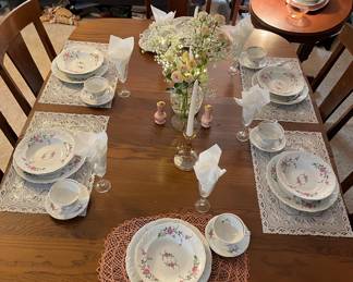 Antique Oak Dining Room Table with Two Leaves & Eight Chairs, China Royal Kent Collection Poland Service for Eight, Crystal Stemware, Soft Pink Glass Vase, Glass Candlesticks, Vintage Pink Ceramic Salt & Pepper Shakers
