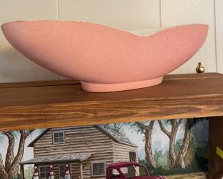 Shawnee Pottery, Shelf with Painted Red Truck and Home in Background