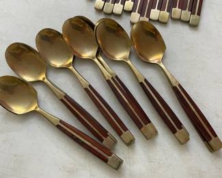 12 Piece Place Setting Teak Wood & Bronze Flatware Set (Approximately 147 Pieces) Included with Korean Wood Brass Bound Bandaji Scholars Style Chest Chinoiserie