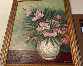 Framed Oil on Canvas Oleander in a Vase