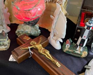 Vintage Art Nouveau Lighted Seashell Lamp, Assorted Seashells, Sick Call Crucifix with Hidden Prayers, Candles