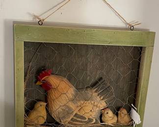 Framed Crafted Chickens Behind Chicken Wire Wall Hanging