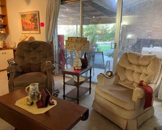 Recliner, Ladies Swivel Rocker Side Chair, Grand Rapids Lamp Table with Attached Signature, Vintage Wheat Lamp Great Condition, Antique Drop Leaf Coffee Table