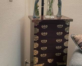 Korean Wood Brass Bound Bandaji Scholars Style Chest Chinoiserie Included in this Purchase is a 12 Place Setting Teak Wood & Bronze Flatware Set (Approximately 147 Pieces)