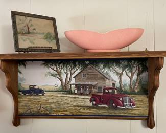 Shelf with Inlayed Country Scene Red Truck, Vintage Dusty Rose Vase Shawnee, Miniature Oil on Canvas Reflections of a Tree