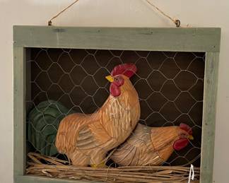 Framed Crafted Chickens Behind Chicken Wire Wall Hanging
