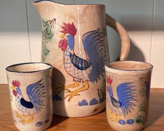 Vintage Rooster Pitcher Japan with Cups