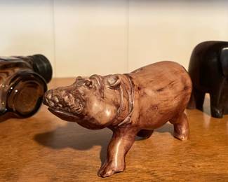 Soapstone Hippopotamus, Vintage Avon Bottle, Hand Carved Elephants