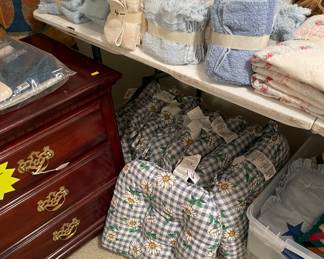Assorted Linen, Nightstand, Chair Cushions