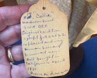 Vintage 1880 Victorian Encased Porcelain Doll 14" Callie S10H D.E.P., Antique Claw Foot Lamp Table