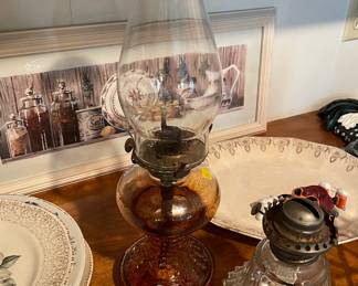 Hurricane Lamps, Milk Glass Hen, Assorted Decorative Plates