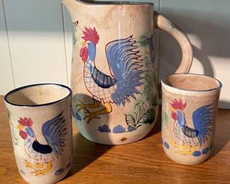 Vintage Rooster Pitcher Japan with Cups