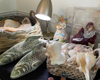 Assorted Large Seashells, Ceramic Fish, Jim Shore Angel with Pearl in Clam, Christmas Angel, Resin Lighthouse