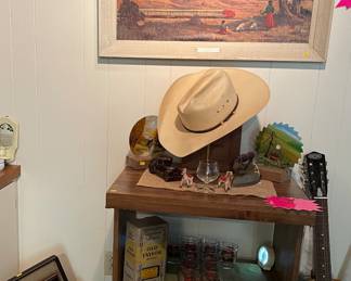 Microwave/TV Table with Wheels, Cowboy Hat, Encore Classical Guitar, Assorted Frames, Print on Canvas "Red Cliffs of Western New Mexico" presented to Santa Fe System Lines by Adolph Heinze