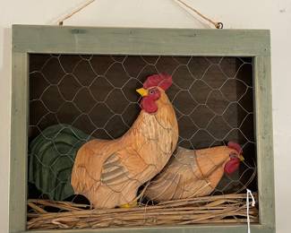 Framed Crafted Chickens Behind Chicken Wire Wall Hanging
