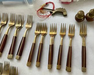 12 Piece Place Setting Teak Wood & Bronze Flatware Set (Approximately 147 Pieces) Included with Korean Wood Brass Bound Bandaji Scholars Style Chest Chinoiserie