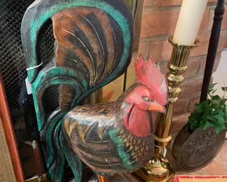 Oversized Carved Wooden Rooster, Brass Candlestick with Candle