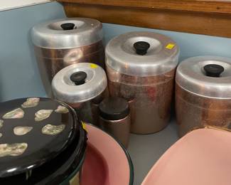 Vintage West Bend Rose Aluminum Canister Set, Vintage Handmade Abalone Shells Divers Black Trivet