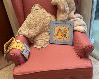 Wingback Side Chair Dusty Rose, Children's Story Book, Throw Blanket & Pillow, Arm Chair Needle Work Helper
