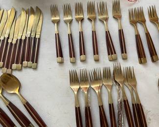 12 Piece Place Setting Teak Wood & Bronze Flatware Set (Approximately 147 Pieces) Included with Korean Wood Brass Bound Bandaji Scholars Style Chest Chinoiserie