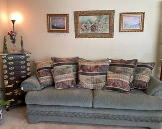 Oversized Sage Sofa with Throw Pillows, Korean Wood Brass Bound Bandaji Scholars Style Chest Chinoiserie Included in this Purchase is a 12 Piece Place Setting Teak Wood & Bronze Flatware Set (Approximately 147 Pieces), Asian Large Flowerpot, Vintage Framed Hand Colored Lithograph Rocco Parlor Scene, Oil on Canvas by Caballero