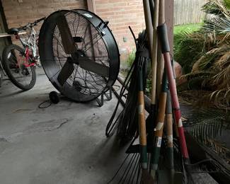 Oversized Industrial Fan, Garden Tools, Bicycles