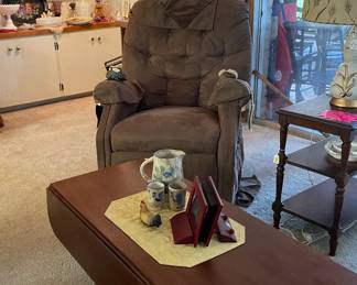 Recliner, Ladies Swivel Rocker Side Chair, Grand Rapids Lamp Table with Attached Signature, Vintage Wheat Lamp Great Condition, Antique Drop Leaf Coffee Table