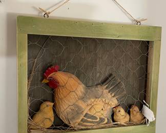 Framed Crafted Chickens Behind Chicken Wire Wall Hanging