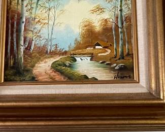 Oil on Canvas Fall Painting Creek and Cabin by Hoover