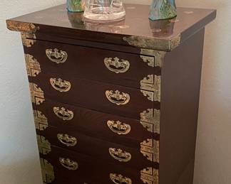 Korean Wood Brass Bound Bandaji Scholars Style Chest Chinoiserie Included in this Purchase is a 12 Place Setting Teak Wood & Bronze Flatware Set (Approximately 147 Pieces)