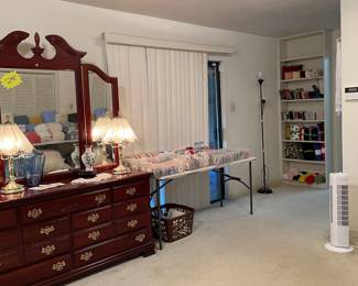 Mahogany Highboy Chest of Drawers, Chest of Drawers with Mirror, Touch On Lamps, Assorted Sewing Notions and Fabric