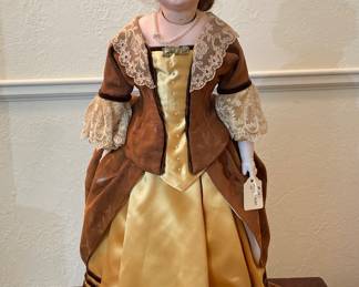 Vintage 1880 Victorian Encased Porcelain Doll 14" Callie S10H D.E.P., Antique Claw Foot Lamp Table