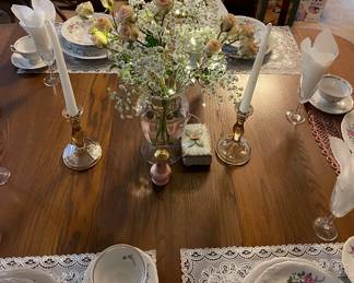 Antique Oak Dining Room Table with Two Leaves & Eight Chairs, China Royal Kent Collection Poland Service for Eight, Crystal Stemware, Soft Pink Glass Vase, Glass Candlesticks, Vintage Pink Ceramic Salt & Pepper Shakers