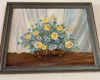 Framed Oil on Canvas Yellow Roses in a Vase