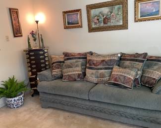 Oversized Sage Sofa with Throw Pillows, Korean Wood Brass Bound Bandaji Scholars Style Chest Chinoiserie Included in this Purchase is a 12 Piece Place Setting Teak Wood & Bronze Flatware Set (Approximately 147 Pieces), Asian Large Flowerpot, Vintage Framed Hand Colored Lithograph Rocco Parlor Scene, Oil on Canvas by Caballero