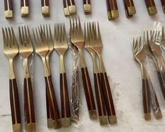 12 Piece Place Setting Teak Wood & Bronze Flatware Set (Approximately 147 Pieces) Included with Korean Wood Brass Bound Bandaji Scholars Style Chest Chinoiserie