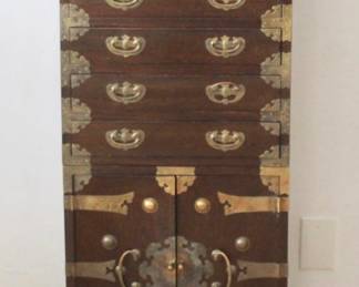 Korean Wood Brass Bound Bandaji Scholars Style Chest Chinoiserie Included in this Purchase is a 12 Piece Place Setting Teak Wood & Bronze Flatware Set (Approximately 147 Pieces)