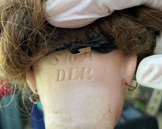 Vintage 1880 Victorian Encased Porcelain Doll 14" Callie S10H D.E.P., Antique Claw Foot Lamp Table