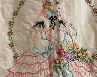 Hand Embroidered Southern Belle on Tablecloth