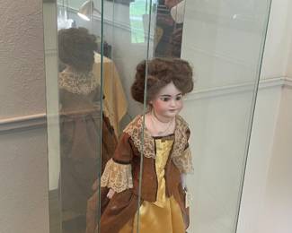 Vintage 1880 Victorian Encased Porcelain Doll 14" Callie S10H D.E.P., Antique Claw Foot Lamp Table