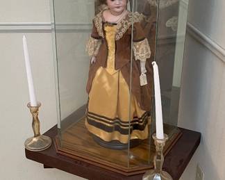 Vintage 1880 Victorian Encased Porcelain Doll 14" Callie S10H D.E.P., Antique Claw Foot Lamp Table