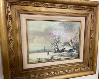 Framed Oil on Canvas Snow Scene