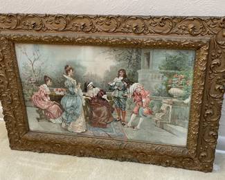 Vintage Framed Hand Colored Lithograph Rocco Parlor Scene