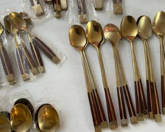 12 Piece Place Setting Teak Wood & Bronze Flatware Set (Approximately 147 Pieces) Included with Korean Wood Brass Bound Bandaji Scholars Style Chest Chinoiserie