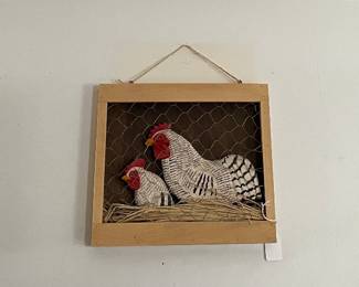 Framed Crafted Chickens Behind Chicken Wire Wall Hanging